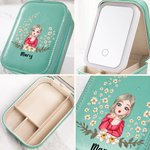 Personalized Cartoon Girl Flying Birth Flower PU Leather Jewellery Box with Name and Adjustable Three-Colour LED Mirror Birthday Christmas Gift for Women