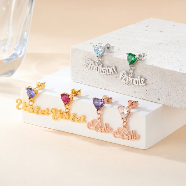 Pendientes personalizados con forma de corazón y piedra de nacimiento Joyas delicadas con nombre Día de la Madre Aniversario Cumpleaños Regalo para Mujeres Niñas