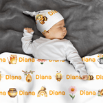 Personalised Bee Flower 100% Cotton Swaddle Blanket and Knot Hat Set with Name Birthday Baby Shower Gift for Newborns Babies