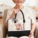 Personalizzato fiore Highland mucca grande tela Tote Bag con nome e nastro viaggio Essentials Compleanno regalo di Natale per le donne