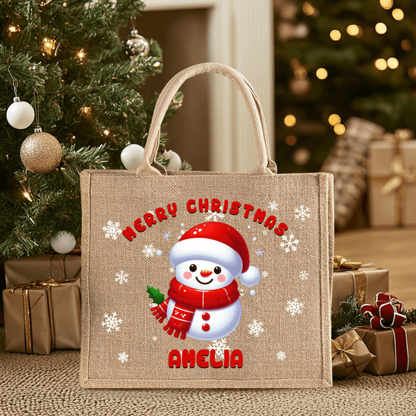 Personalized Cute Santa Christmas Theme Letters Reusable Jute Tote Bag with Name Christmas Holiday Gift for Kids Family