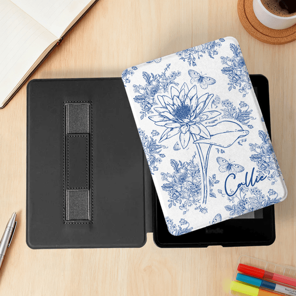 Personalised Toile De Jouy Birth Flower Portable Kindle Case with Name Daily Use Birthday Gift for Book Lovers Bookworms
