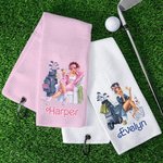 Henkilökohtainen sarjakuva Golf Woman 100% puuvillaa imukykyinen vohveli golfpyyhe nimellä ja ripustamalla klipsi urheilutarvikkeet syntymäpäivälahja golf ystäville