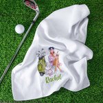 Henkilökohtainen sarjakuva Golf Woman 100% puuvillaa imukykyinen vohveli golfpyyhe nimellä ja ripustamalla klipsi urheilutarvikkeet syntymäpäivälahja golf ystäville