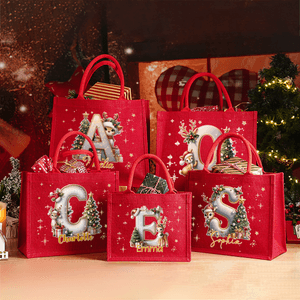 Personalized Cute Deer Christmas Tree Glowing Initial Large Capacity Jute Red Tote Bag with Name Christmas Party Gift for Kids Adults