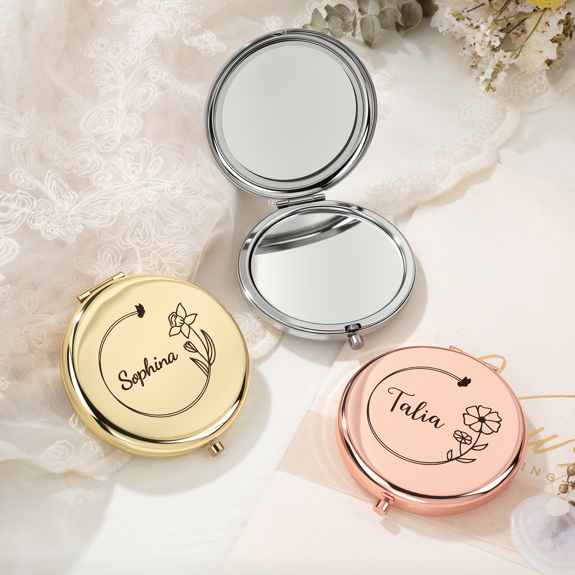 Miroir de maquillage de poche personnalisé avec nom gravé Anniversaire Cadeau de mariage pour femmes Demoiselles d'honneur