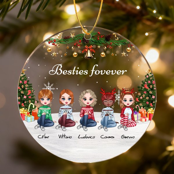 Personalized 2-5 Cartoon Characters Snowflake Acrylic Ornament with Name and Lanyard Christmas Tree Home Decor Christmas Gift for Sisters Besties