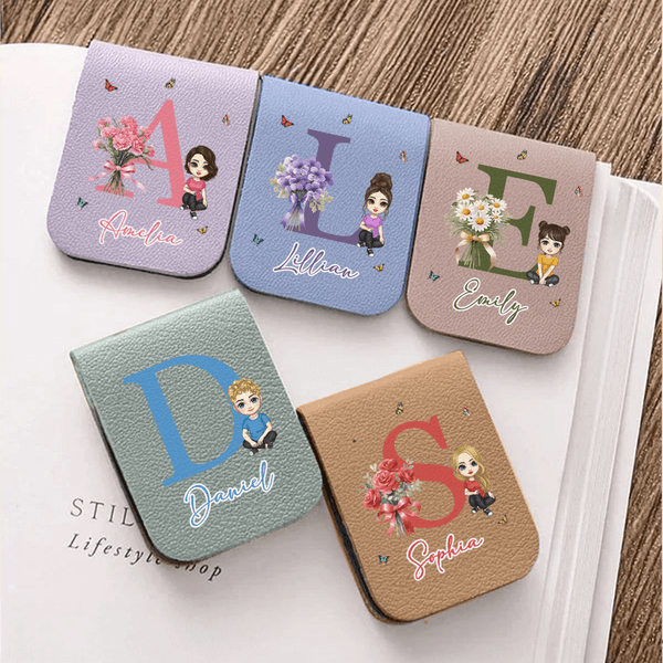Personalized Birth Flower Cartoon Character PU Leather Magnetic Bookmark Clip with Initial and Name Birthday Gift for Book Lovers Bookworms