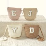 Personalised Boho Adjustable Straw Children's Bag with Chenille Initial Birthday Wedding Christmas Gift for Toddlers Flower Girls Kids