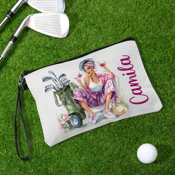 Personalized Watercolor Fashion Golf Character Name Makeup Bag with Wrist Strap Daily Use Christmas Birthday Gift for Women Golf Players Lovers