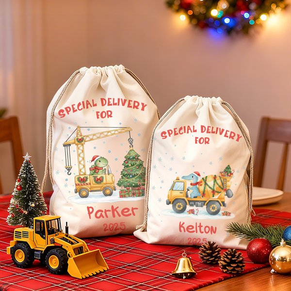 Personalisierte niedlichen Dinosaurier Baufahrzeug Drawstring Geschenk Tasche Santa Sack mit Namen und Jahr Weihnachtsgeschenk für Kinder
