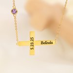 Personalized Minimalist Cross Necklace with Name and Birthstone Dainty Jewelry Birthday Christmas Christening Baptism Gift for Christian