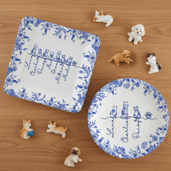 Personlig Toile De Jouy 1-7 Line Dogs Cats Ceramic Trinket Smyckeskål med namn Minnesmärke Födelsedagspresent för kvinnor Husdjursägare
