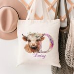 Personalized Cute Highland Cow Canvas Tote Bag with Name and Flower Initial Birthday Gift for Girls Friends