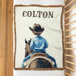 Personalized Western Cowboy Cowgirl Tassel Soft Knitted Throw Blanket with Name Home Decor Birthday Christmas Gift for Kids Baby