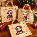 Personalisierte Cartoon Weihnachtsmütze Hochland Kuh große Jute Tragetasche mit Namen täglichen Gebrauch Weihnachtsgeschenk für Familie Freunde