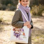 Personalized Cute Highland Cow Canvas Tote Bag with Name and Flower Initial Birthday Gift for Girls Friends