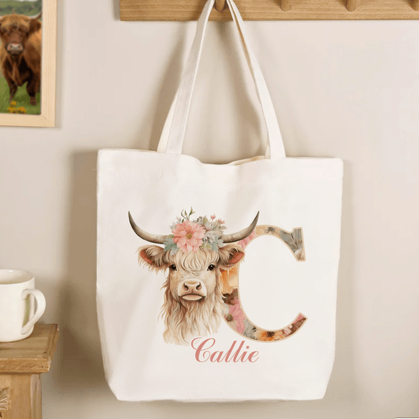 Personalized Cute Highland Cow Canvas Tote Bag with Name and Flower Initial Birthday Gift for Girls Friends