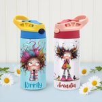Personlig, söt, knasig, tecknad flicka, 12 oz, barnisolerad vattenflaska med namn, handtag och silikonsugrör, födelsedagspresent till skolan för flickor