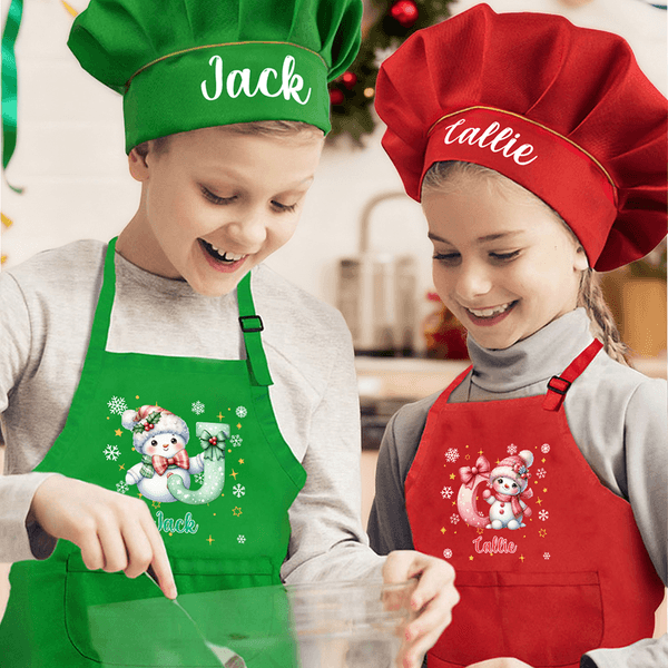Cappello personalizzato Cartoon Natale Pupazzo di neve iniziale Regalo di Natale per bambini Grembiule da cuoco regolabile con nome e tasca per cucinare