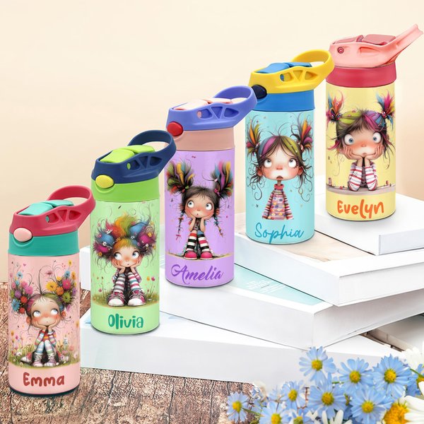 Personlig, söt, knasig, tecknad flicka, 12 oz, barnisolerad vattenflaska med namn, handtag och silikonsugrör, födelsedagspresent till skolan för flickor