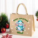 Personalised Christmas Snowman Large Capacity Jute Tote Bag with Snowflake and Name Daily Use Christmas Party Gift for Women Family Friends