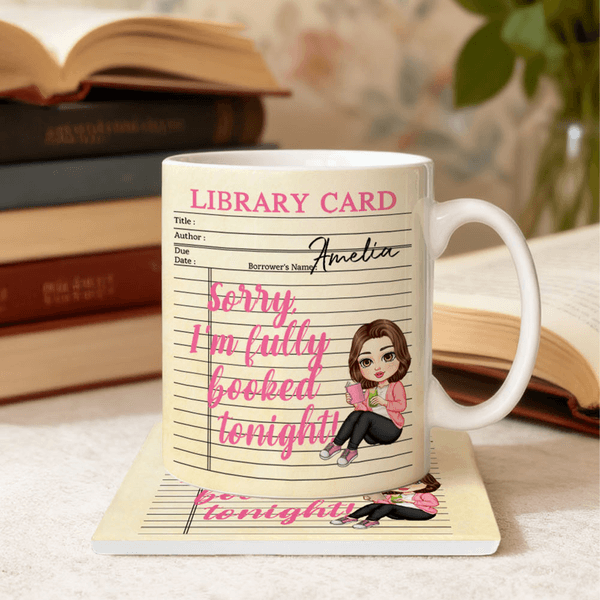 Personalized Cartoon Reading Character Ceramic Mug and Coaster Set with Name Birthday Reading Club Gift for Book Lovers Women