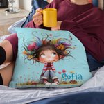 Funda de cojín personalizada con niña de dibujos animados y nombre decoración para el hogar y regalo de cumpleaños para niñas y mujeres