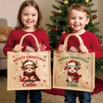 Personalisierte Cartoon Weihnachtsmütze Hochland Kuh große Jute Tragetasche mit Namen täglichen Gebrauch Weihnachtsgeschenk für Familie Freunde