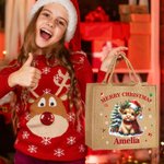 Personalisierte Cartoon Weihnachtsmütze Hochland Kuh große Jute Tragetasche mit Namen täglichen Gebrauch Weihnachtsgeschenk für Familie Freunde