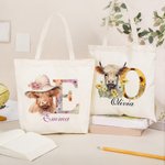 Personalized Cute Highland Cow Canvas Tote Bag with Name and Flower Initial Birthday Gift for Girls Friends