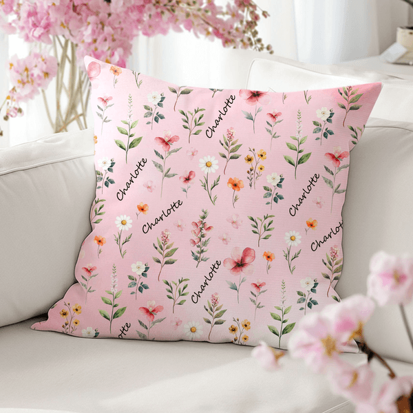Personalised Watercolor Wildflower Soft Throw Pillow Cover with Name Home Decor Housewarming Birthday Christmas Gift for Family Friends Women
