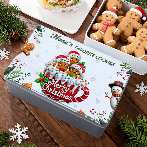 Personalised 2-20 Gingerbread Men Biscuit Tin Storage Box with Names and Title Christmas Gift for Kids Family Friends