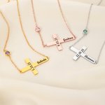Personalized Minimalist Cross Necklace with Name and Birthstone Dainty Jewelry Birthday Christmas Christening Baptism Gift for Christian