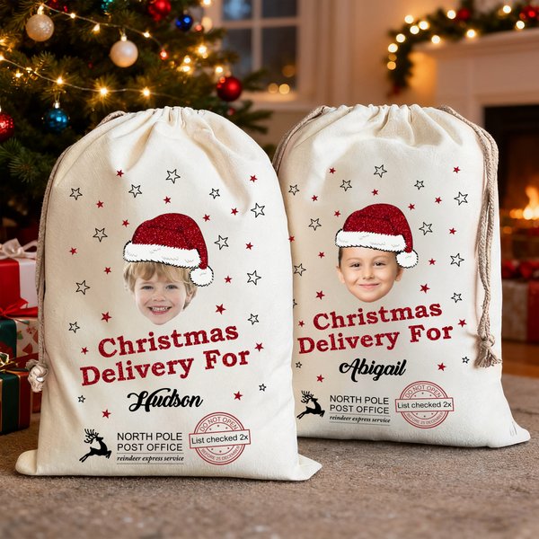 Chapeau de Noël Personnalisé Etoile Elan Grand Sac de Noël avec Nom et Photo Cadeau de Noël pour les Enfants Amis