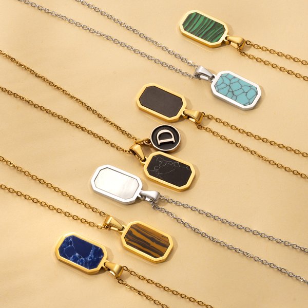 Personalized Minimalist Square Imitation Agate Stone Necklace with Initial Birthday Anniversary Gift for Women