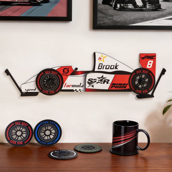 Personalised Wooden Racing Car Ornaments Coasters Set with Text and Number Birthday Christmas Gift for Racing Car Lovers