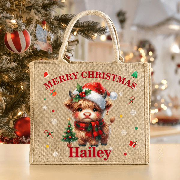Personalized Cartoon Christmas Hat Highland Cow Large Jute Tote Bag with Name Daily Use Christmas Gift for Family Friends