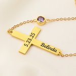 Personalized Minimalist Cross Necklace with Name and Birthstone Dainty Jewelry Birthday Christmas Christening Baptism Gift for Christian