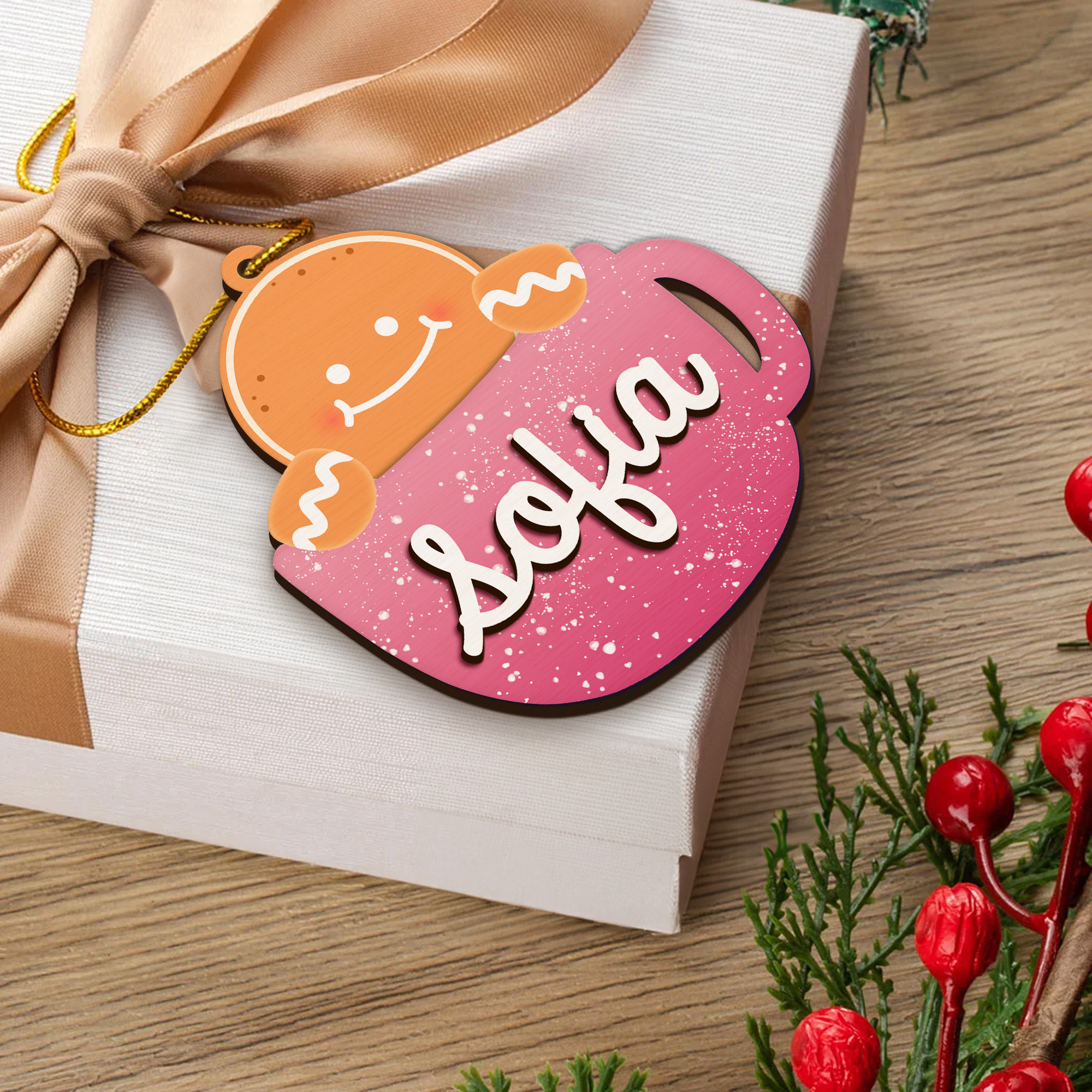 Tasse à café personnalisée en forme de bonhomme de pain d'épice et de père Noël Ornement en bois avec nom Décoration de la maison Cadeau de Noël pour la famille