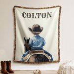 Personalized Western Cowboy Cowgirl Tassel Soft Knitted Throw Blanket with Name Home Decor Birthday Christmas Gift for Kids Baby