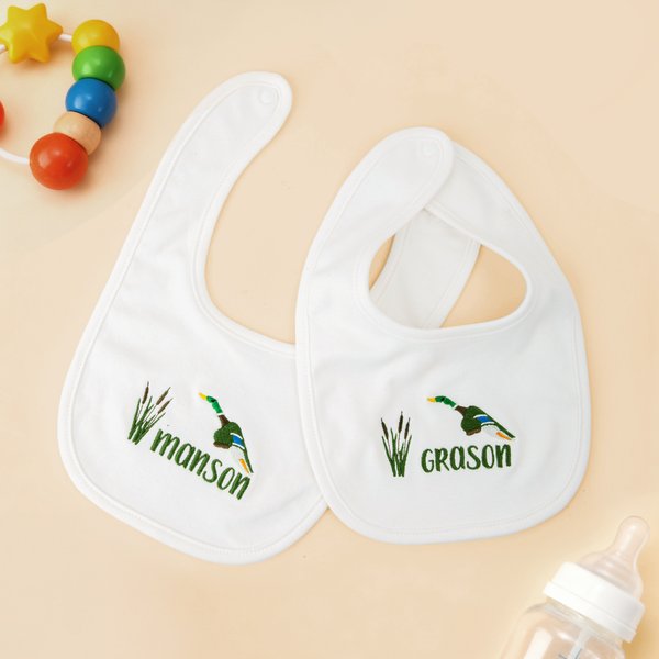 Personalized Embroidered Mallard Duck Reed Soft 100% Cotton Baby Bib with Name Feeding Accessory Baby Shower Welcome Christmas Gift for Baby Kid