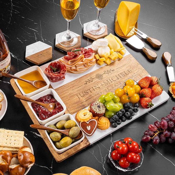 Personalised Engraved Floral Name Date Acacia Marble 11 Pcs Cutting Board Coaster Set with Ceramic Bowl Wooden Spoon Housewarming Gift for Family