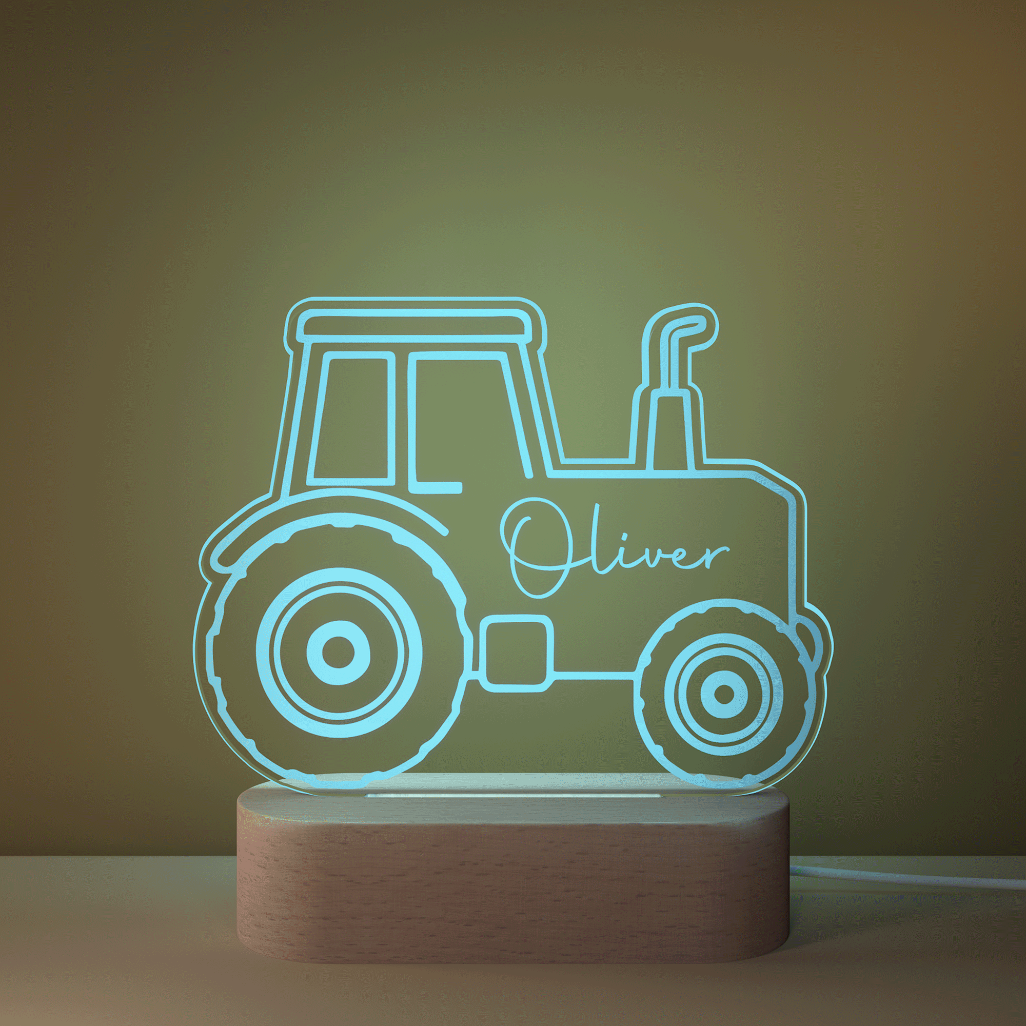 Henkilökohtainen kaivinkoneen traktori Design Säädettävä LED-yövalo nimellä ja puinen pohja huoneen sisustus Baby Shower syntymäpäivälahja pojille