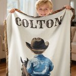 Personalized Western Cowboy Cowgirl Tassel Soft Knitted Throw Blanket with Name Home Decor Birthday Christmas Gift for Kids Baby