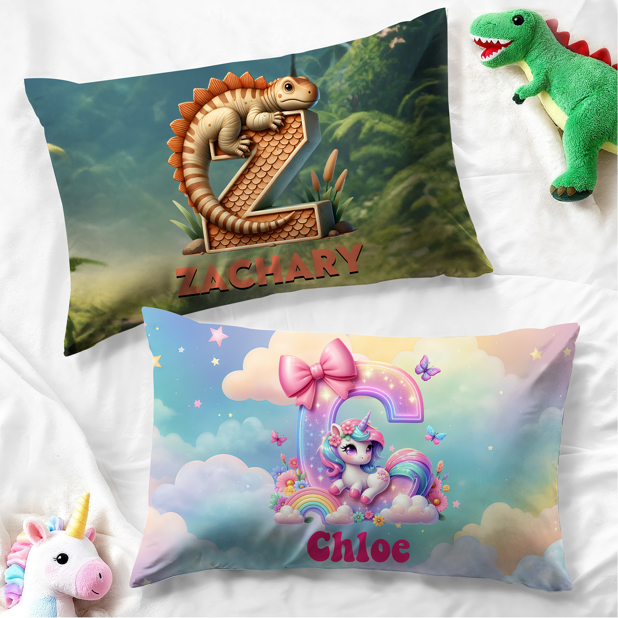 Taie d'Oreiller Personnalisée Dinosaur Fantasy Unicorn avec Nom Cadeau d'Anniversaire pour Enfants