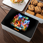 Personalised Dinosaur Off-Road Vehicle Food Grade Metal Biscuit Tin Box with Name Birthday Christmas Gift for Kids