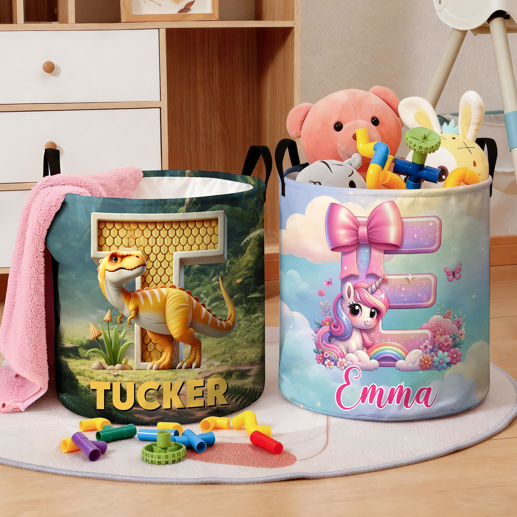 Panier à linge imperméable avec noeud personnalisé Licorne Dinosaure avec nom Cadeau d'anniversaire pour garçon fille
