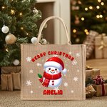 Personalised Christmas Snowman Large Capacity Jute Tote Bag with Snowflake and Name Daily Use Christmas Party Gift for Women Family Friends