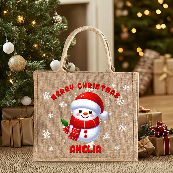 Personalised Christmas Snowman Large Capacity Jute Tote Bag with Snowflake and Name Daily Use Christmas Party Gift for Women Family Friends